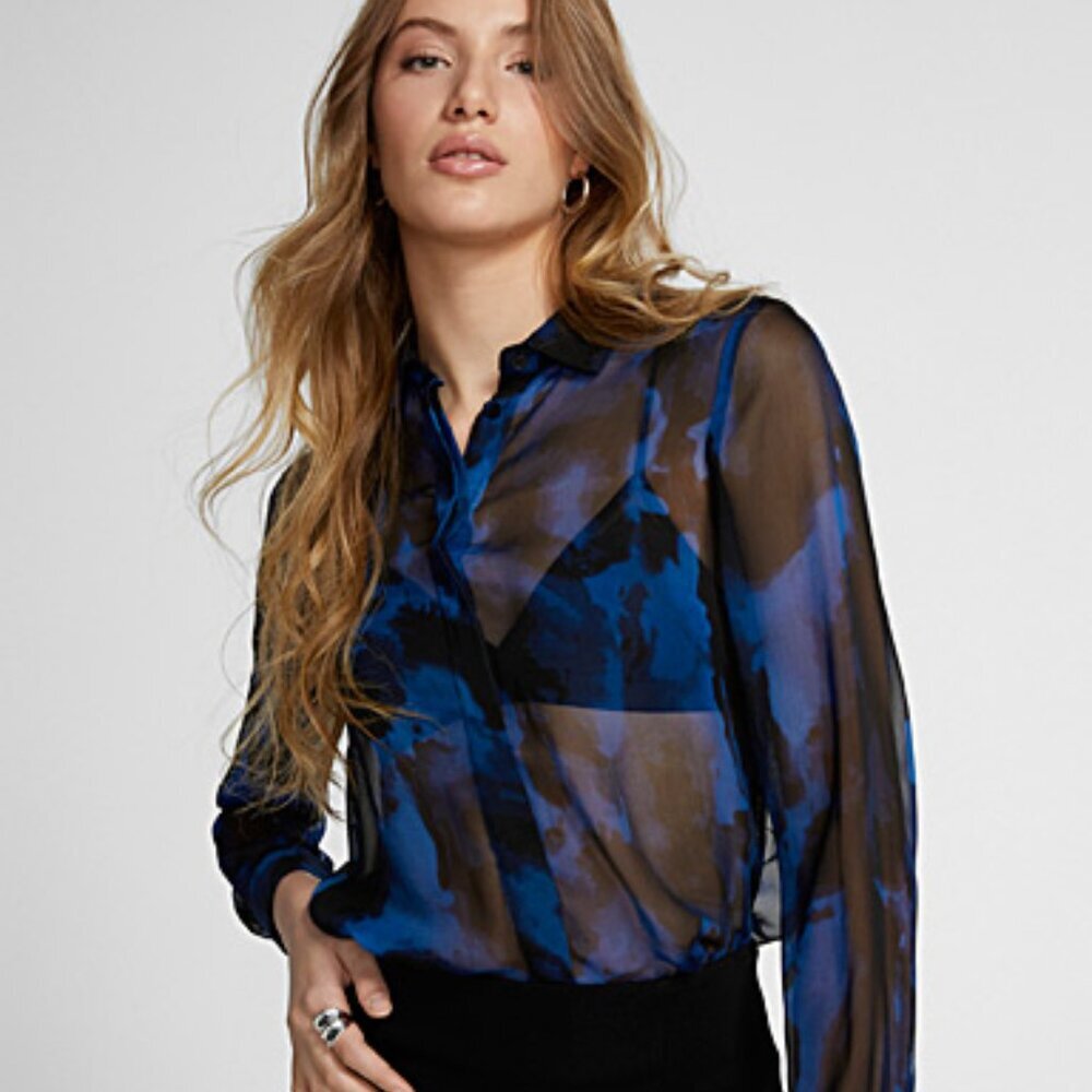 ICHI Women's Black & Royal Blue Sheer Button-up Blouse (Size EU 36/US S)